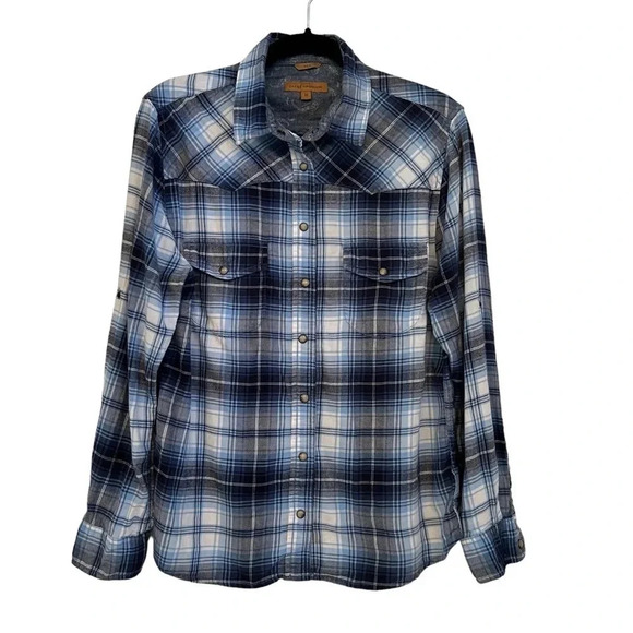 JACHS Girlfriend Bea Snap Front Blue White Plaid Shirt Women’s Size Medium - Picture 1 of 4